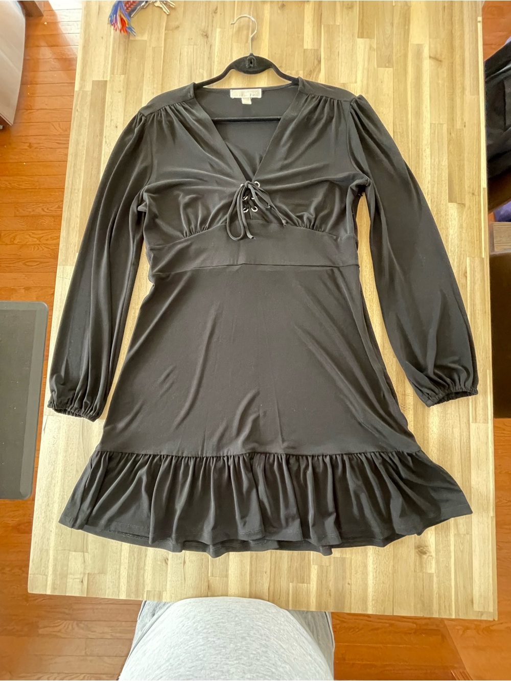 Michael Kors Black Long Sleeve V-Neck Ruffle Hem Dress